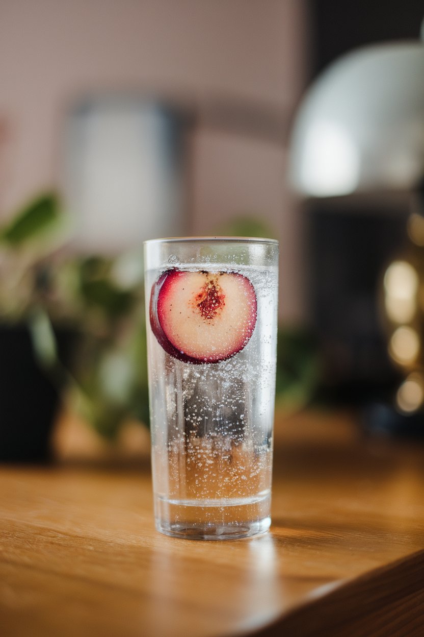 Indoor bar shot of a slim highball glass with clear sparkling drink, purple plum slice floating; photo, no logos.