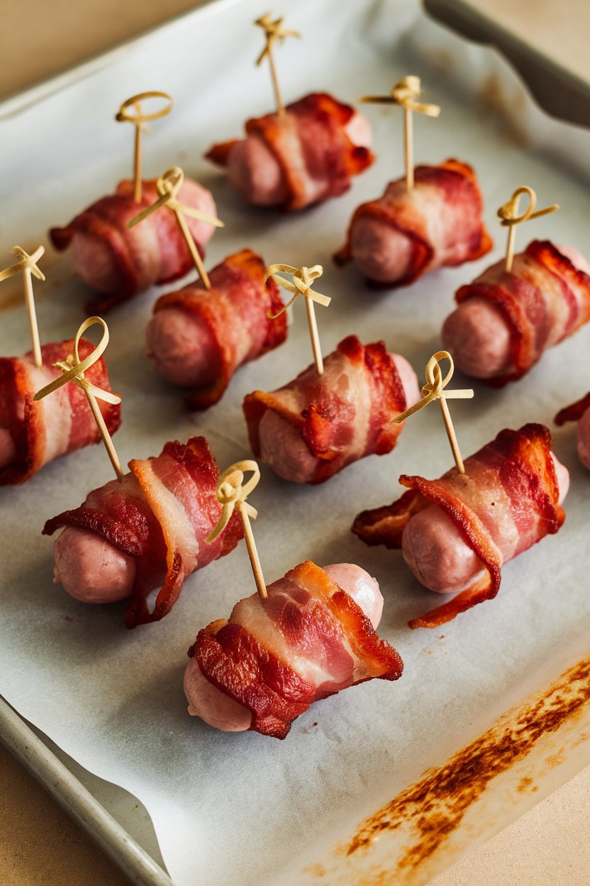 Indoor photo of small cocktail sausages wrapped in crispy bacon on a parchment-lined sheet with toothpicks; no text or logos.