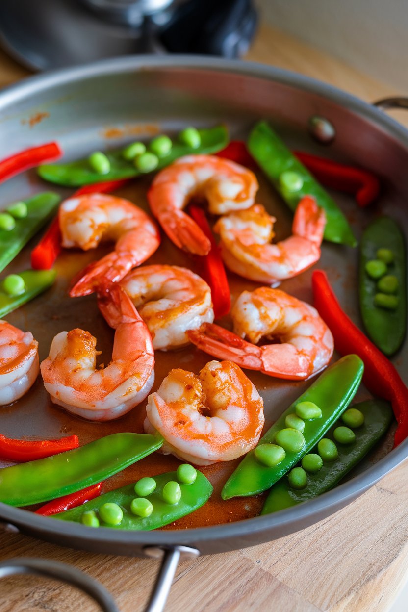 Indoor photo of roasted shrimp glazed in Thai sweet chili sauce with snow pea pods and red pepper strips on a pan; no text or logos