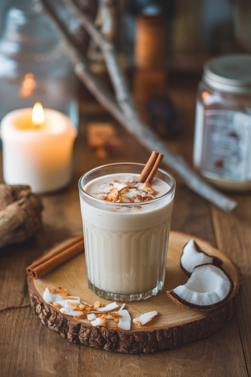 Indoor wooden table with rustic glass of creamy horchata, cinnamon stick, toasted coconut flakes around, no text or logos.