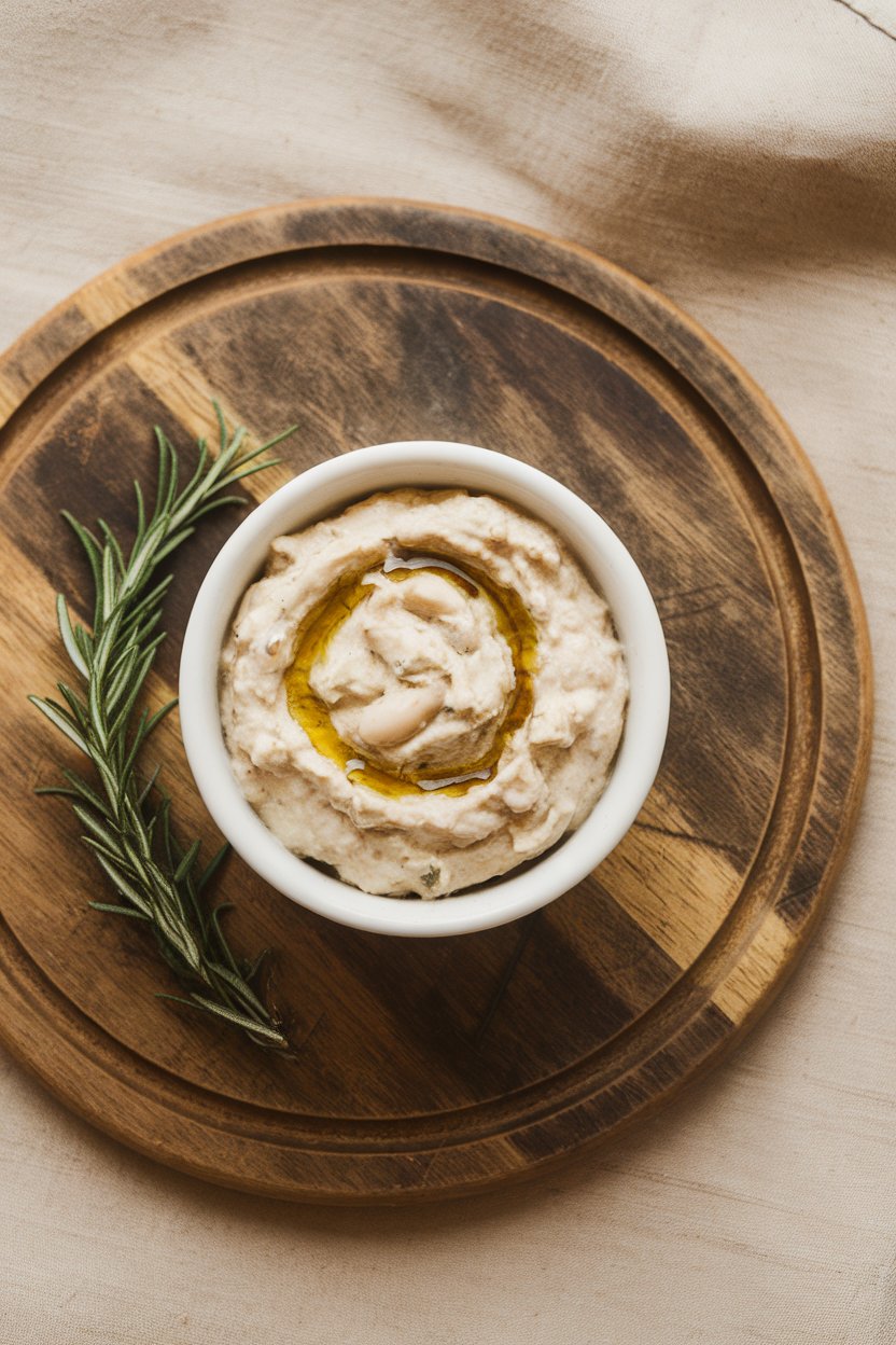 An indoor wooden board displaying a small white bowl of white bean rosemary dip with olive oil pooling on top and rosemary sprigs beside it. No logos or text.