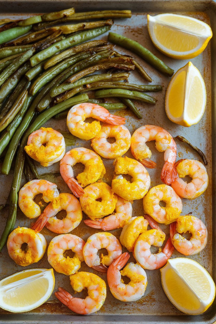 Indoor photo of bright yellow turmeric-spiced shrimp, roasted green beans, and lemon wedges on a sheet pan; no logos