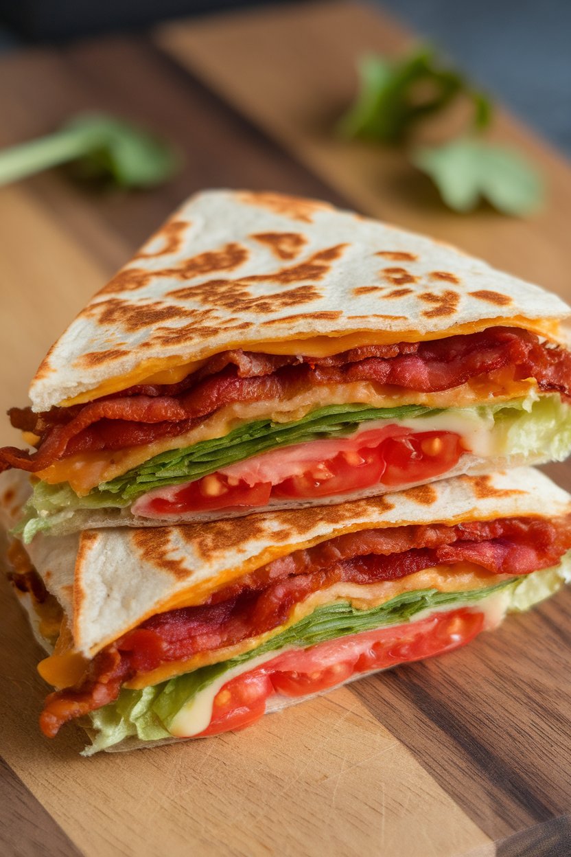 Indoor photo of BLT quesadilla slices showing bacon, lettuce ribbons, and tomato bits with cheese, no text or logos.