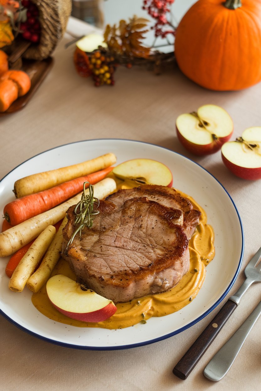 Indoor autumn table with pork chops nestled among apple wedges in mustard sauce, no text or logos.