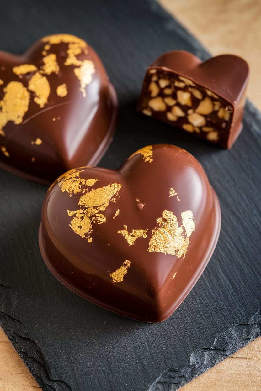 Glossy milk chocolate hearts with gold leaf flecks, cut to reveal crunchy hazelnut praline, photographed on an indoor slate board. No text or logos.