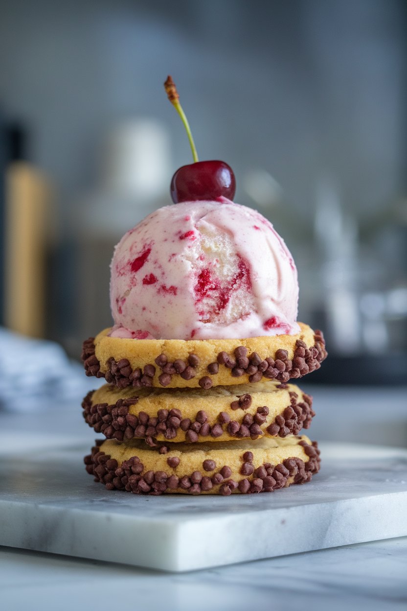 Round cherry-flecked ice cream pressed between chocolate chip cookies, edges rolled in mini chips, photographed indoors on a chilled marble slab. No branding.