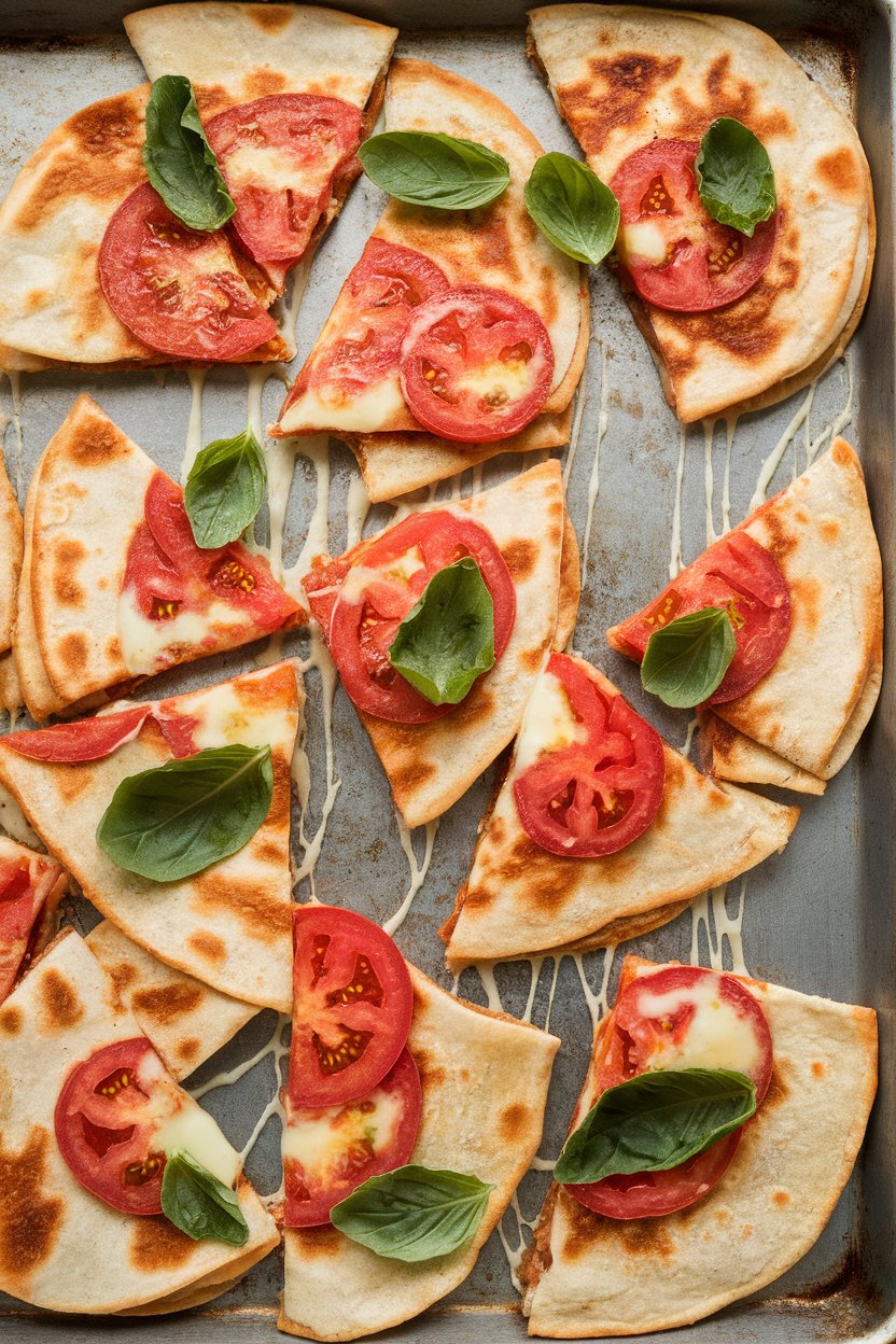 Sheet pan of tomato, basil, and mozzarella quesadilla triangles, melted cheese stretching, indoor photo with no text or logos.