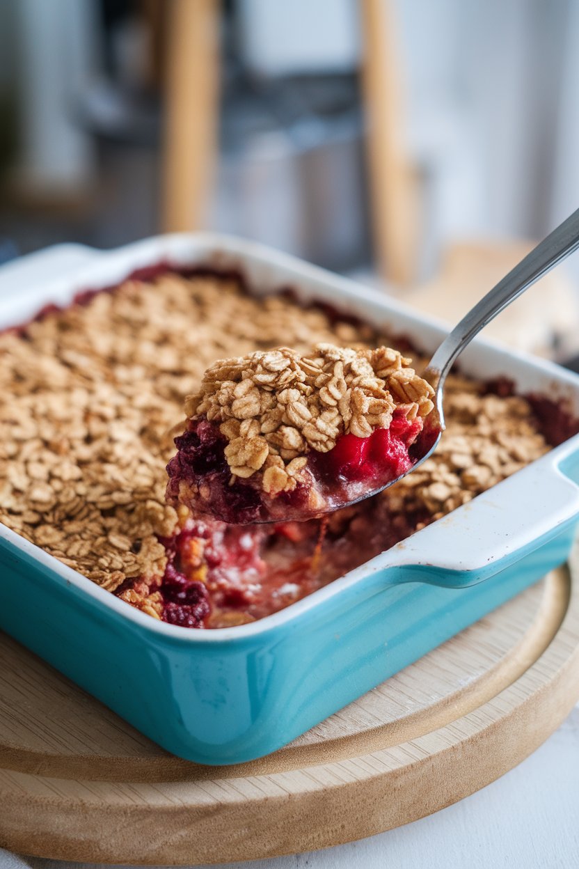 Indoor photo of a baking dish with bubbling fruit filling and golden oat topping, spoon scooping a portion, no text or logos