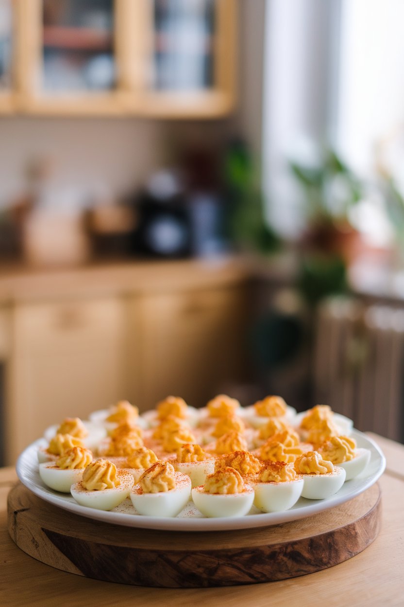 Indoor photo of deviled egg halves arranged on a white platter, paprika dusted on top. No logos present.