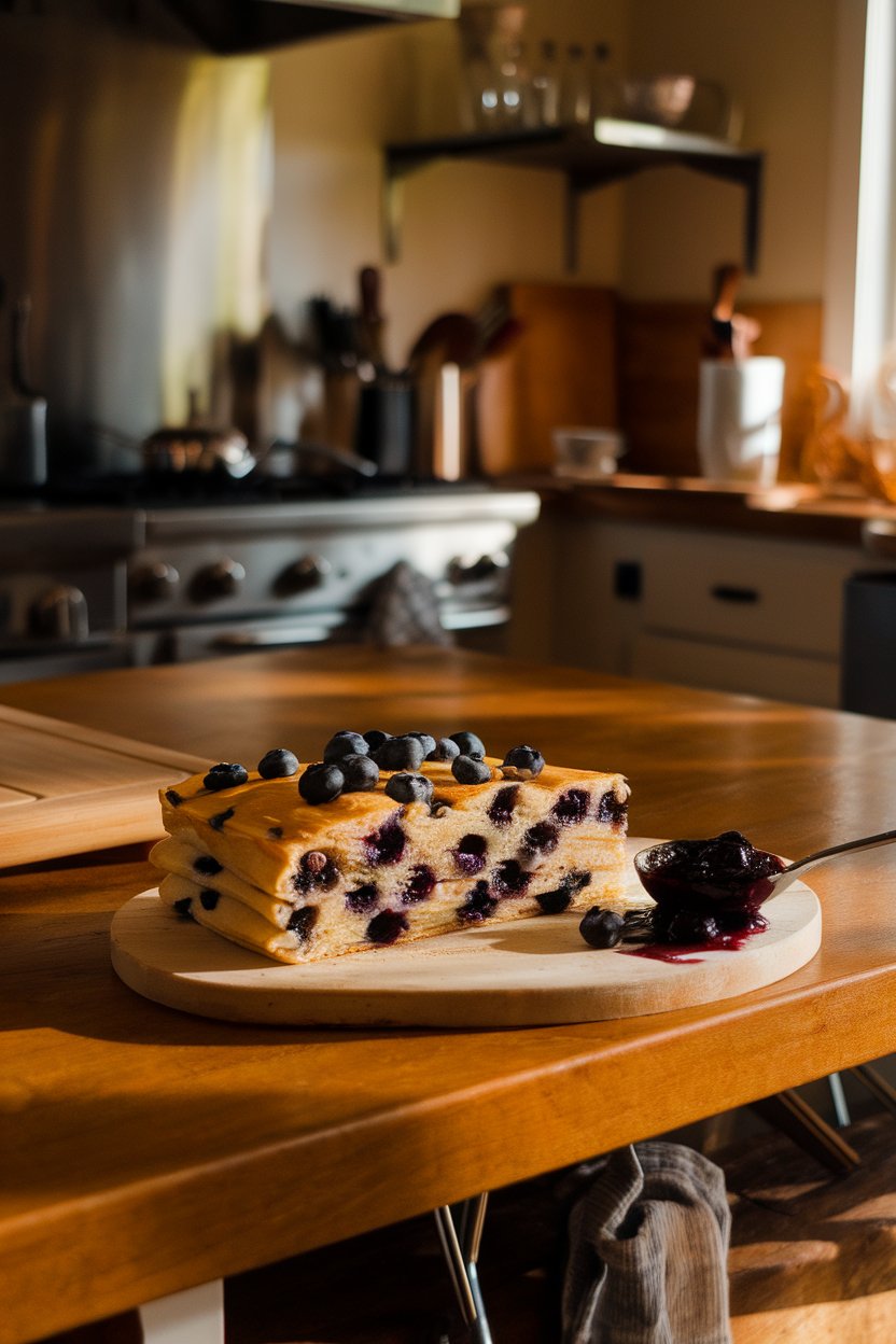 A warmly lit indoor kitchen island showing a slice of blueberry-studded sheet pan pancake, berries peeking through the surface, a spoonful of blueberry compote nearby, no text or logos.