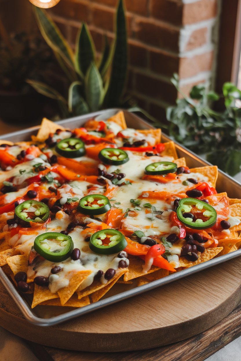 Sheet pan loaded with baked tortilla chips topped with melted cheese, black beans, roasted bell peppers, and jalapeño slices; photographed indoors. No logos or text on dishes.