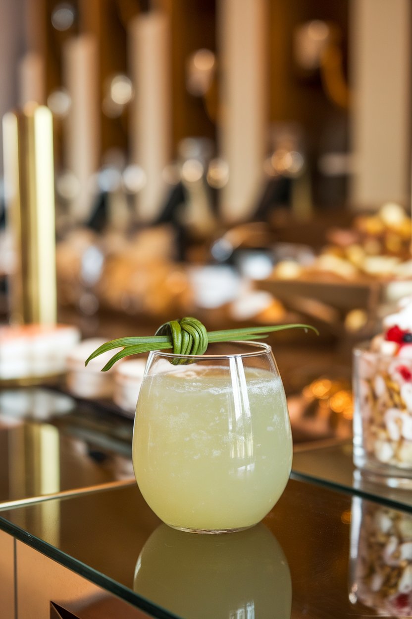Photo of a stemless glass indoors containing opaque light-green punch, pandan leaf knot garnish, refined dessert-bar ambience, no text or logos