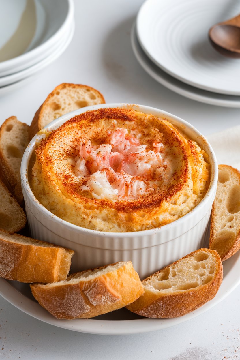 Indoor photo of a ramekin of bubbling baked crab dip sprinkled with paprika, with toasted baguette rounds nearby; no text or logos