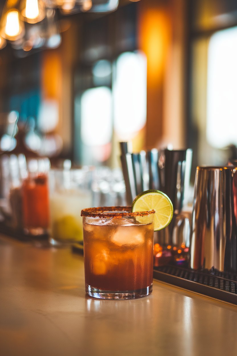 Indoor bar with a rocks glass of dark amber tamarind drink, chili-salt rim, lime wheel. No text or logos.