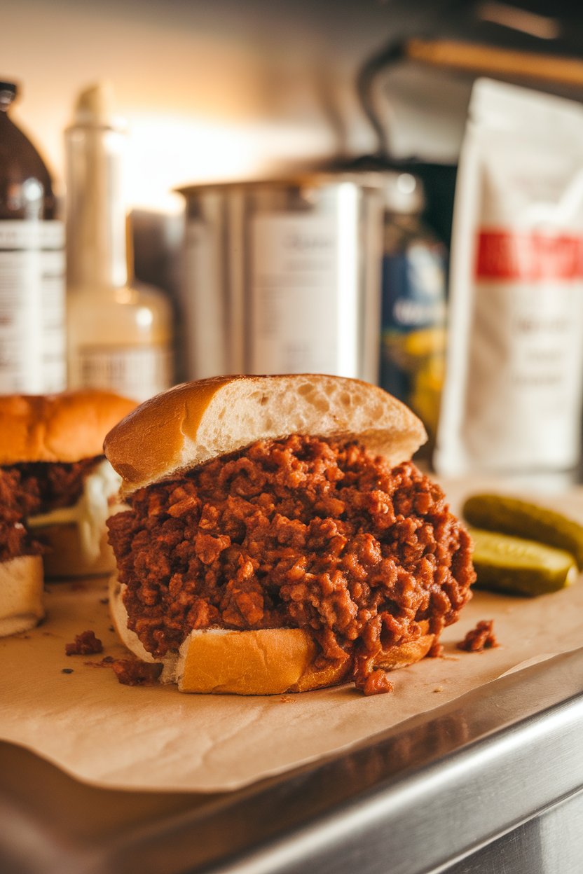An indoor counter scene with a toasted bun overflowing with saucy sloppy joe meat, pickles on the side; photo only, no text or logos.