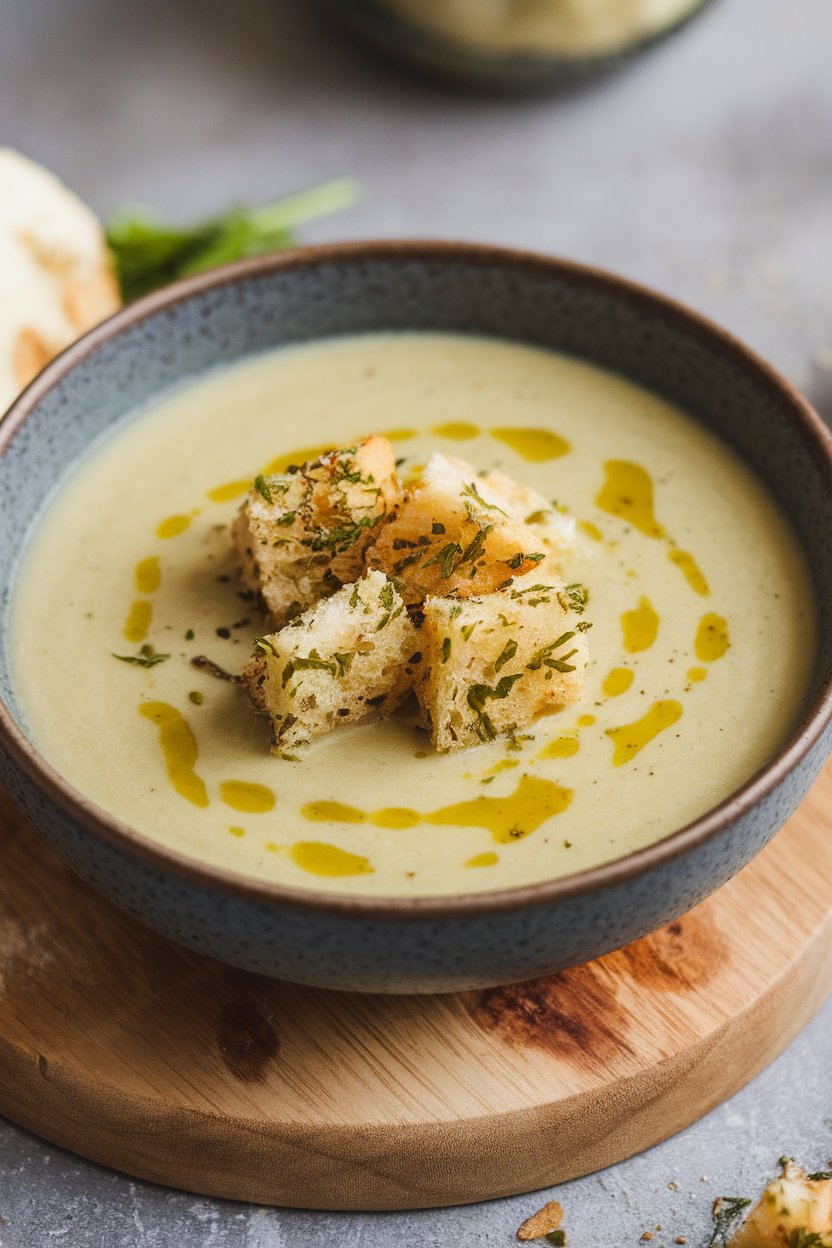 Indoor bowl of pale celery root soup drizzled with olive oil and topped with herb croutons. No text or logos. Photo.