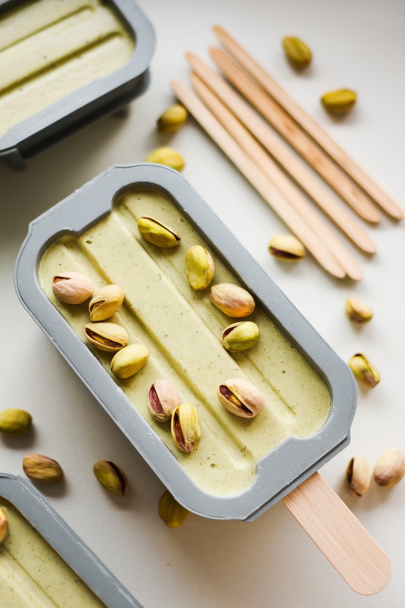 An indoor popsicle mold filled with creamy green mixture and wooden sticks, scattered pistachios nearby, no text or logos. Photo only.