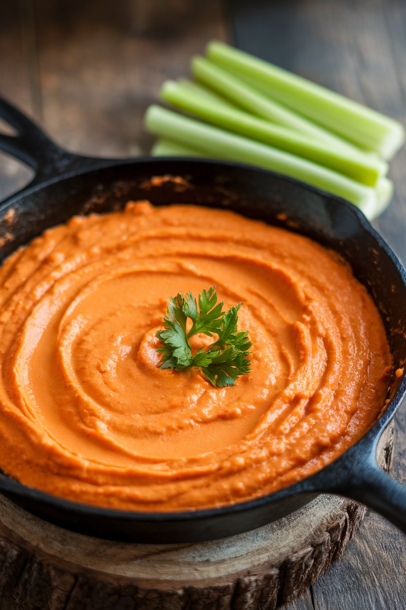 Indoor photo of creamy orange buffalo chicken dip in a cast-iron skillet, celery sticks alongside, no text or logos.