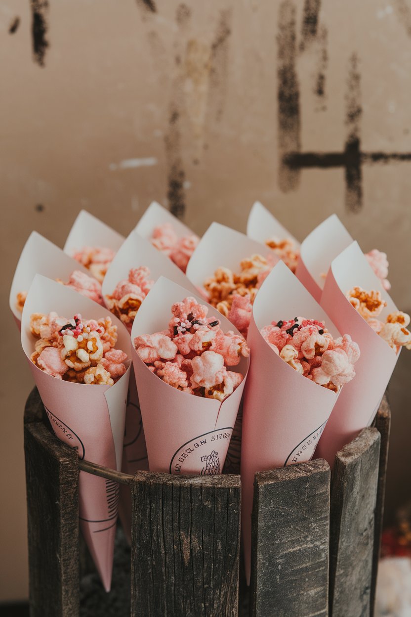 Paper cones filled with pink-tinted caramel popcorn, displayed in an indoor holder. No logos visible.