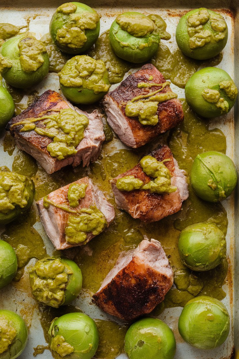 Indoor photo of pork shoulder chunks and halved tomatillos roasted together, coated in green chili sauce on a sheet pan. No text or logos.