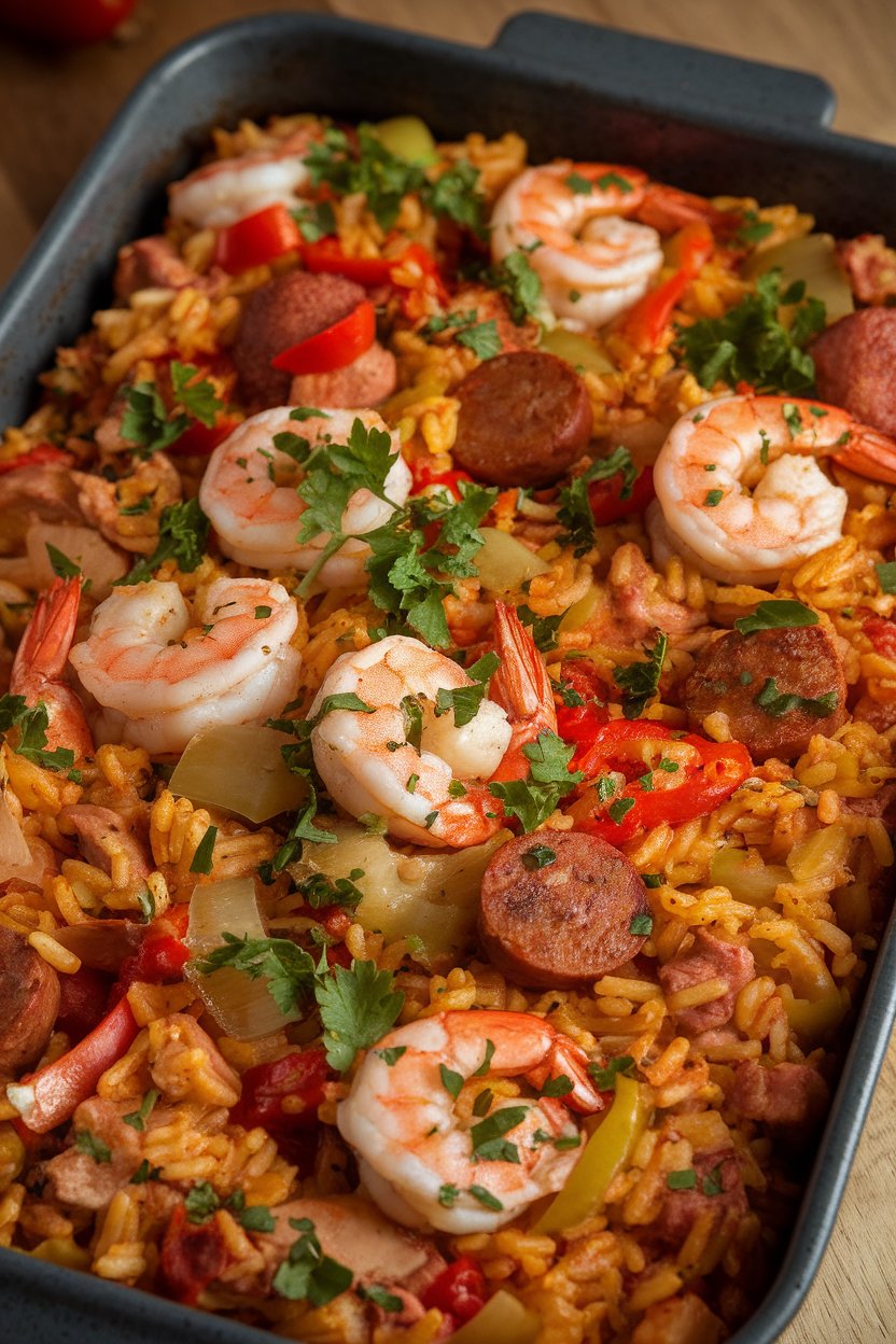 Indoor photo of spicy jambalaya rice with shrimp, chicken, and sausage in a baking dish, garnished with parsley. No branding or text.