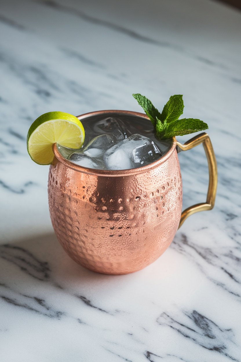A copper mug beaded with condensation on an indoor marble counter, packed with ice, lime wedge, and mint sprig peeking out, no text or logos. Photo only.