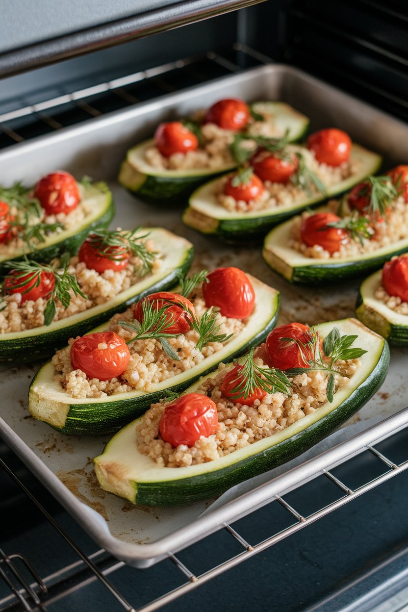 An indoor oven dish with halved zucchini boats filled with lemony quinoa, cherry tomatoes, and herbs, lightly browned on top. No text or logos anywhere.