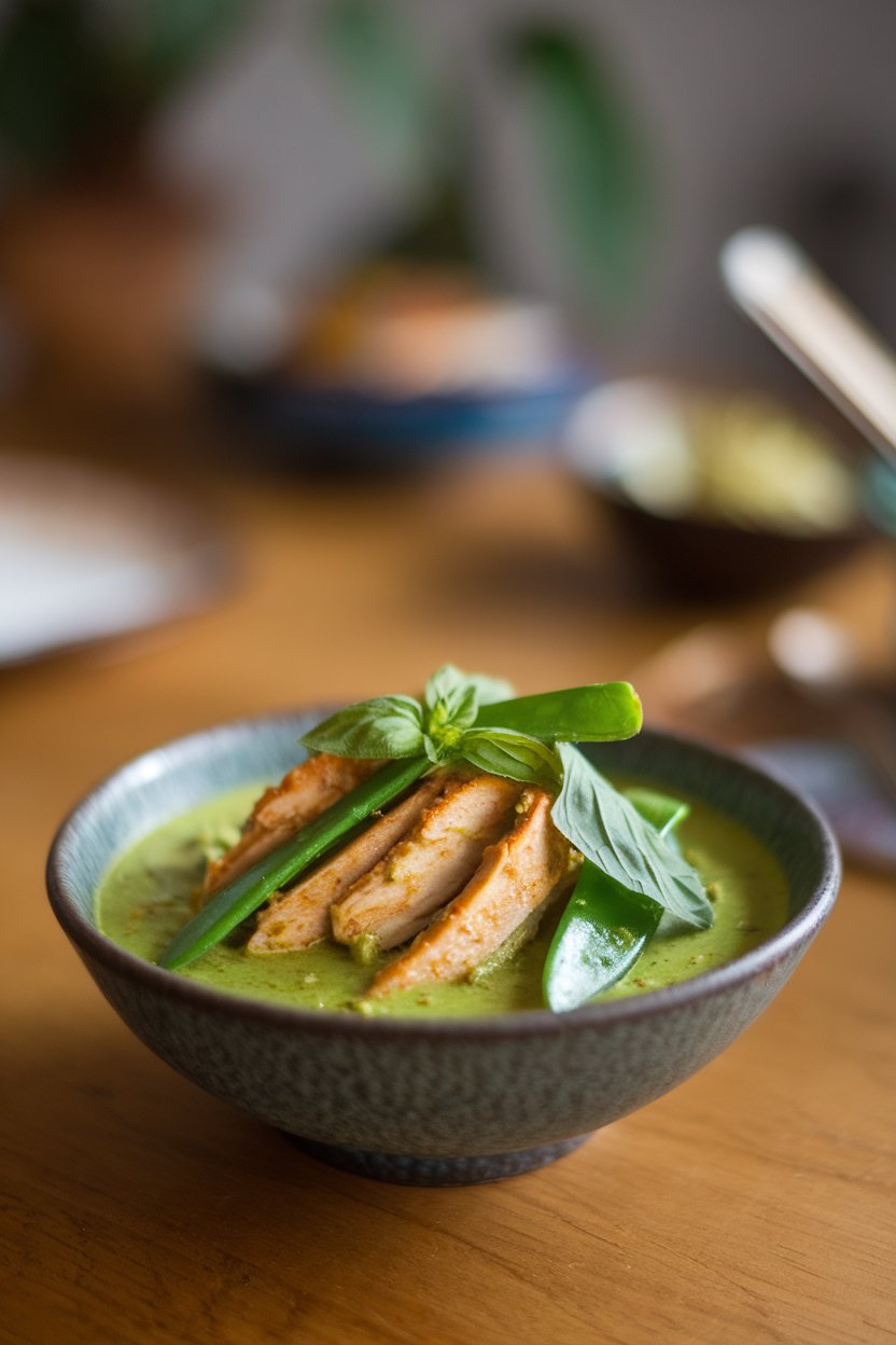Indoor table showing a bowl of green coconut curry with chicken strips and snow peas, garnished with basil; no text or logos; photograph.