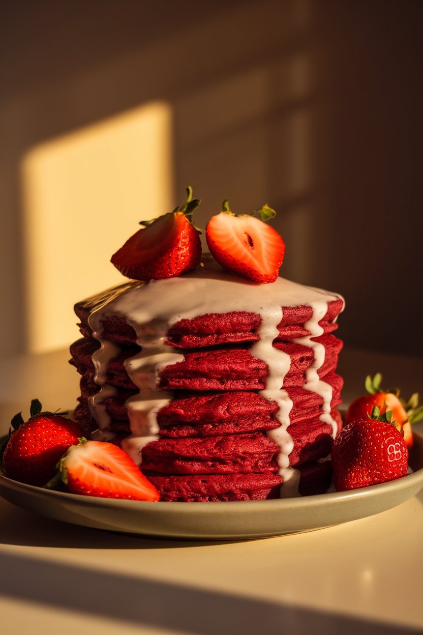 Indoor photo of a stack of fluffy red velvet pancakes topped with cream cheese glaze and fresh strawberries, shot in warm morning light on a neutral plate, no text or logos visible