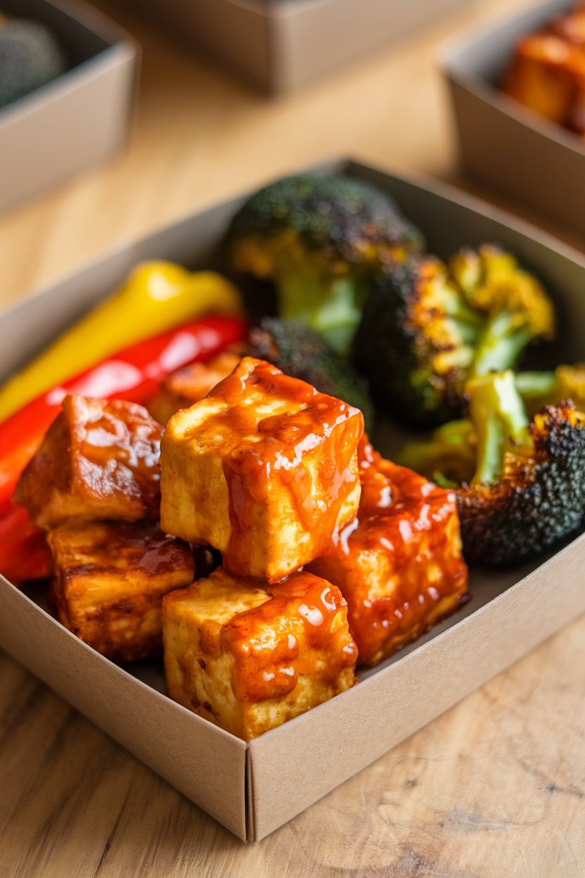 Indoor photo of crispy tofu cubes glazed with honey sriracha alongside roasted broccoli and bell peppers in a meal box, no logos.