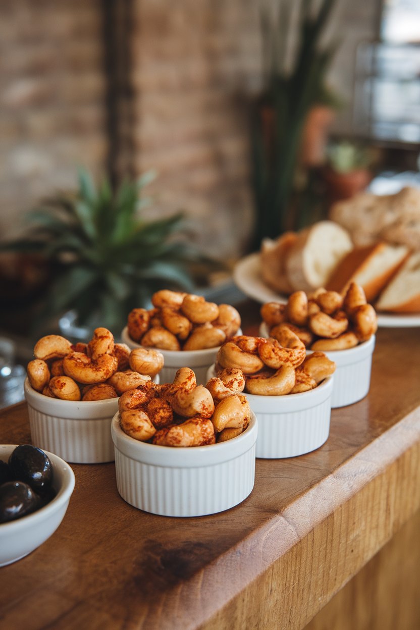 Photo of small ramekins filled with roasted cashews coated in chili-lime seasoning on a wooden bar indoors. No text or logos.