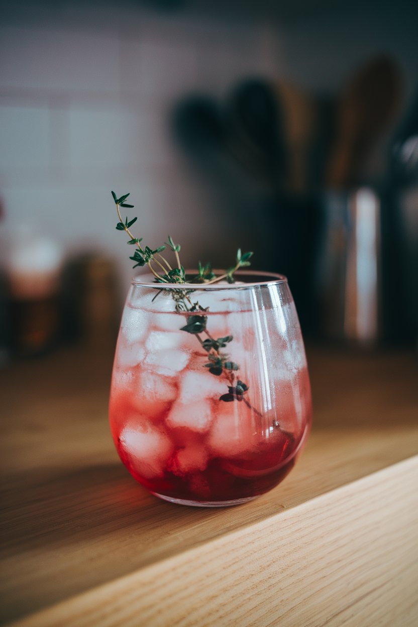 Indoor shot of a stemless wine glass holding light red cranberry mocktail with crushed ice and a fresh thyme sprig, no logos or text.