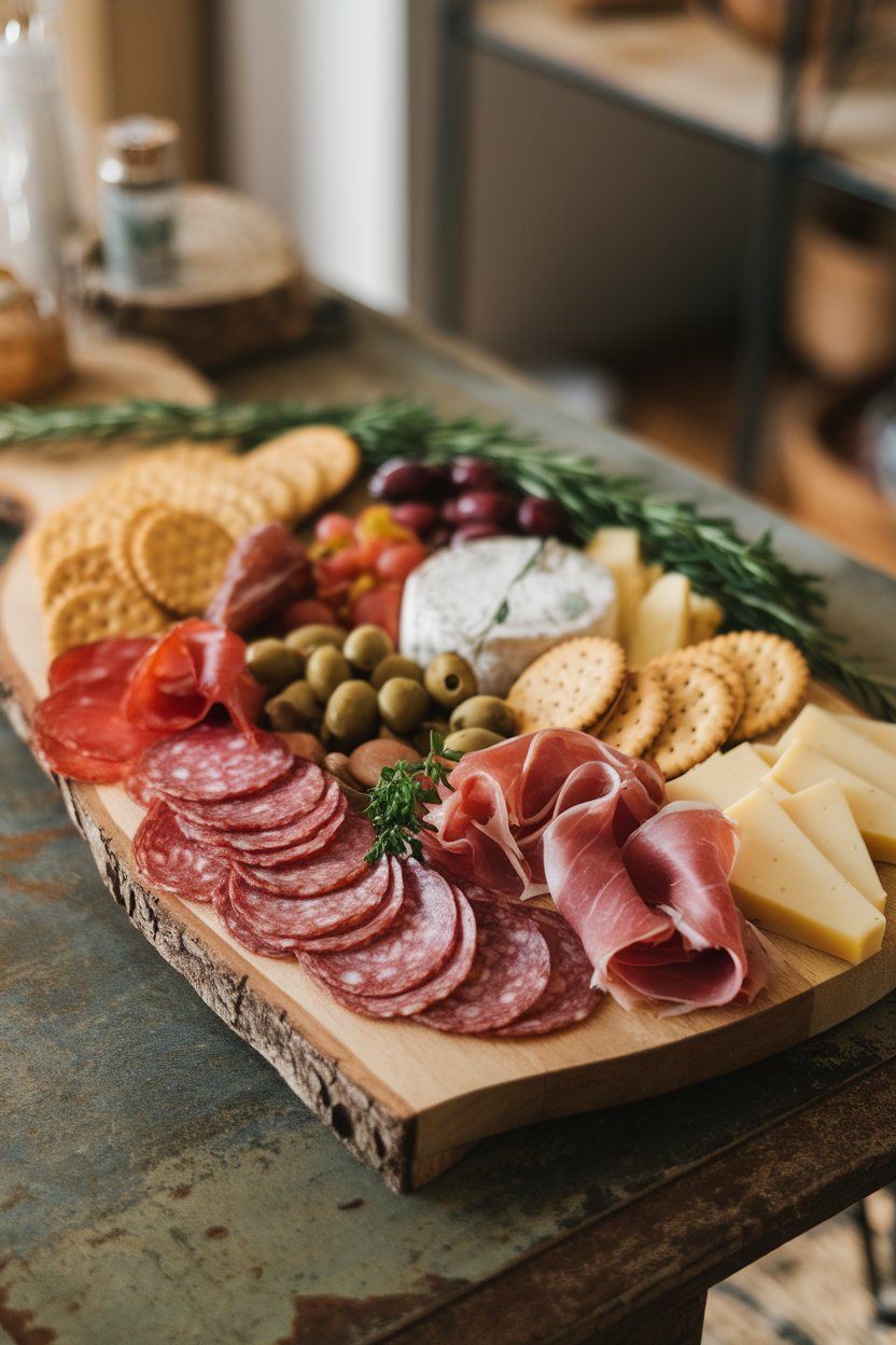 Indoor photo of a wooden board displaying sliced salami, prosciutto, assorted cheeses, olives, and crackers. No text or logos or branded packaging.