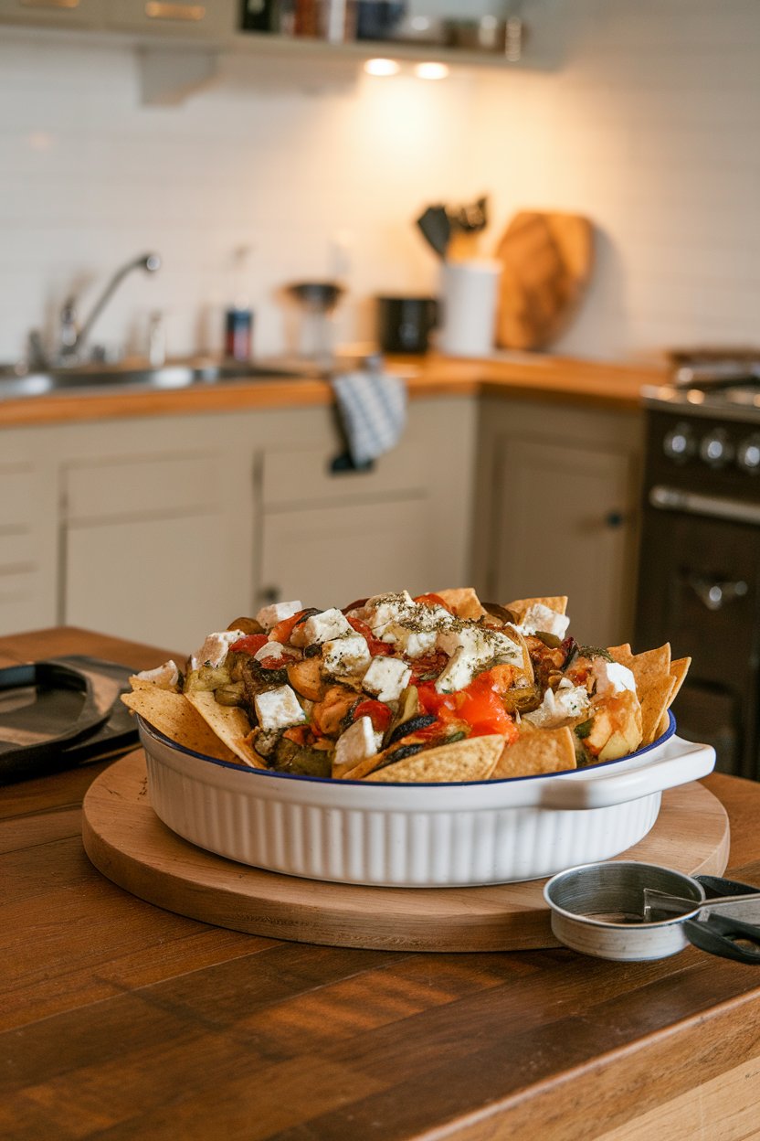Indoor kitchen scene of nachos with herb-roasted vegetables, melted feta, and oregano sprinkle; no text or logos, photo not illustration.