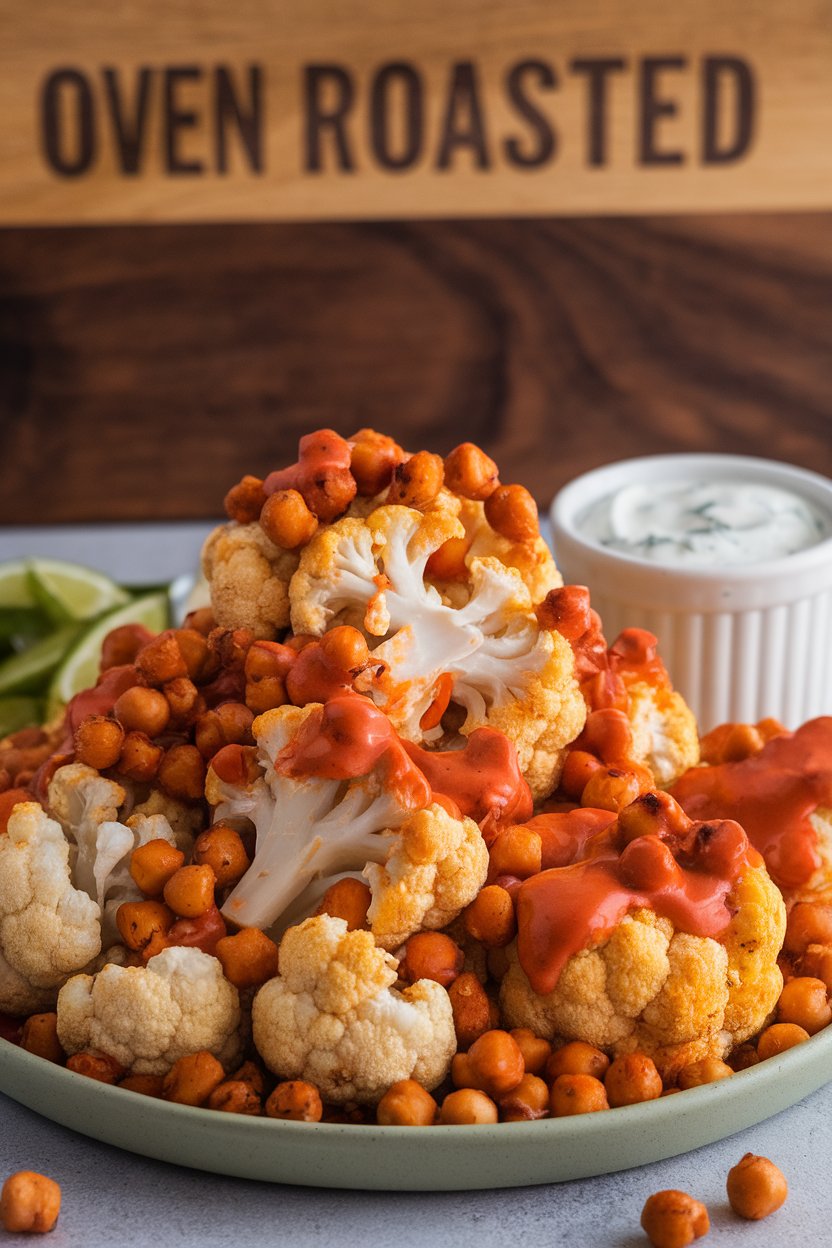 Indoor photo of roasted cauliflower florets coated in buffalo sauce with crunchy chickpeas scattered around, small ramekin of ranch on the side. No text or logos.