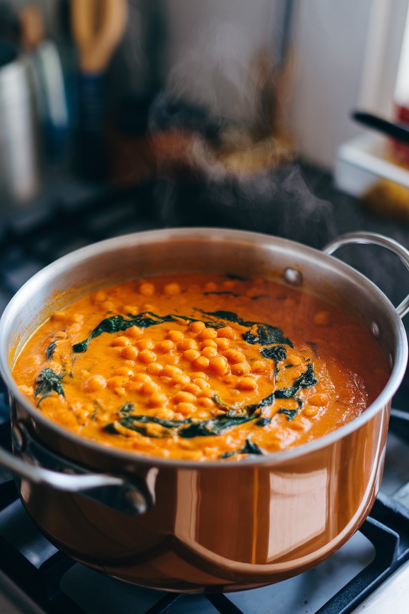 An indoor stovetop pot of vibrant orange chickpea curry with spinach leaves swirling through. Steam visible; no text or branding.