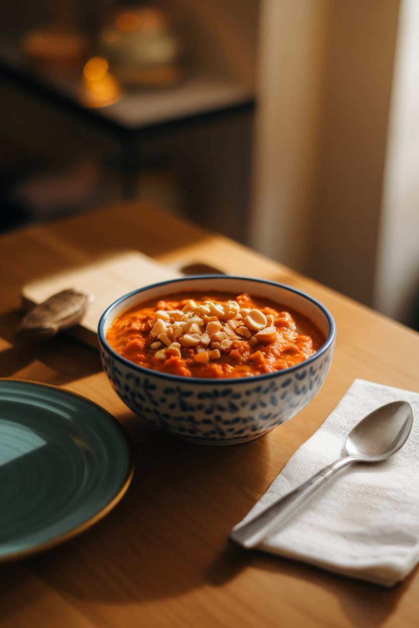 A warmly lit indoor table with a bowl of peanut butter and sweet potato chili, finished with crushed peanuts. No text or logos present.