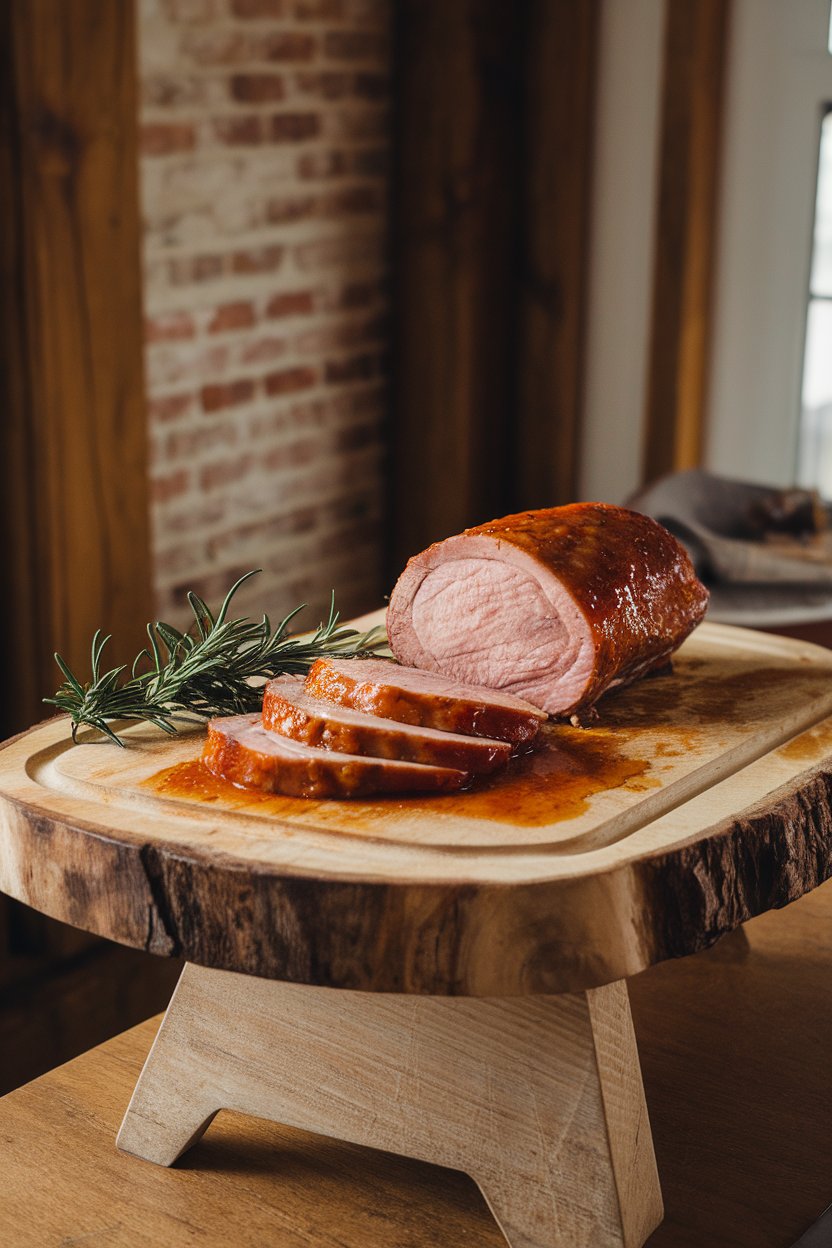 An indoor carving board with slices of pork tenderloin glazed in maple-dijon sauce, rosemary sprig beside. No text or logos.