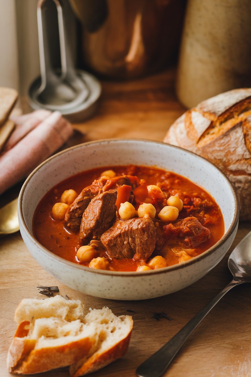 Warm indoor setting with a bowl of beef stew tinted reddish from smoked paprika and dotted with chickpeas. No text or logos. Photo.