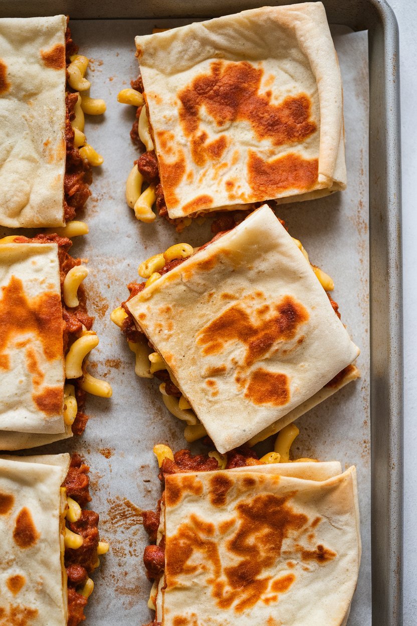 Photo of chili-mac-filled quesadilla squares on a sheet pan, cheese and pasta visible, indoor, no logos.