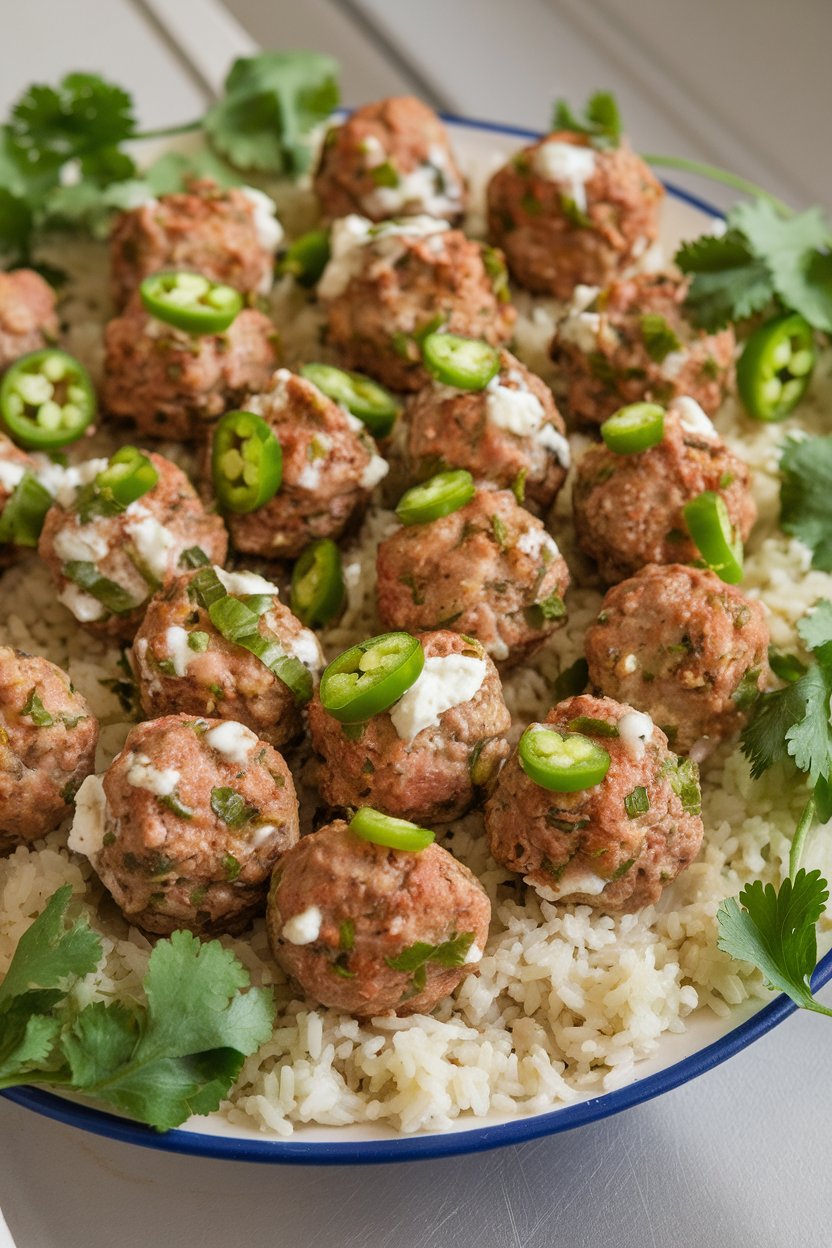 An indoor platter with meatballs speckled with diced jalapeños and cream cheese, garnished with cilantro; no text or logos visible.