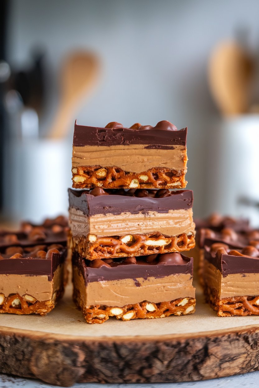 Indoor photo of stacked peanut butter pretzel bars showing crunchy pretzel base, peanut butter layer, and chocolate topping. No text or logos.