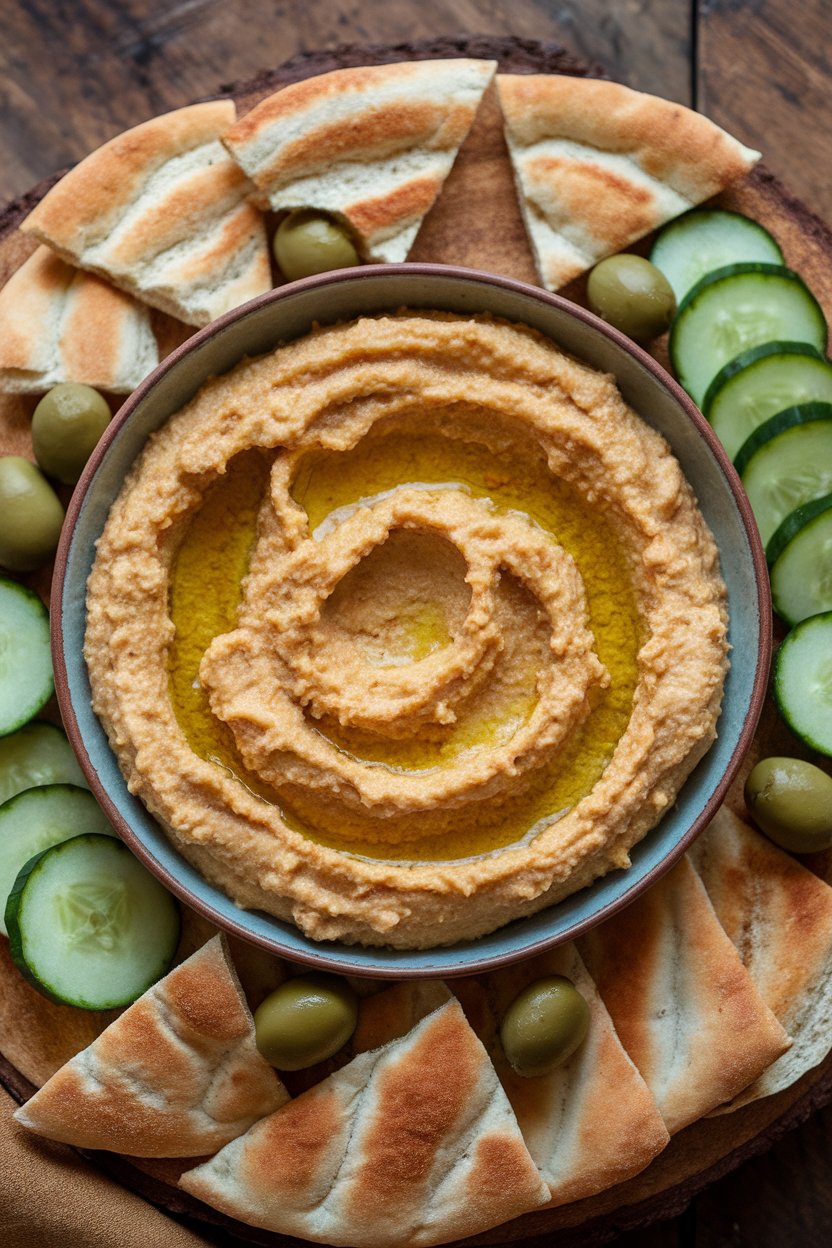 Indoor photo of a shallow bowl of hummus drizzled with olive oil, surrounded by pita triangles, cucumber slices, and olives. No text or logos.