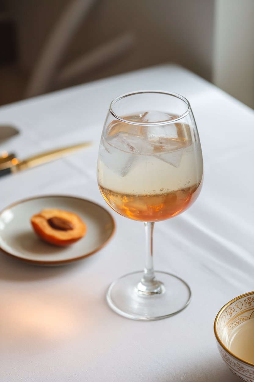 Indoor afternoon tea table with stemmed glass of pale amber white tea spritzer, dried apricot on plate, no logos.