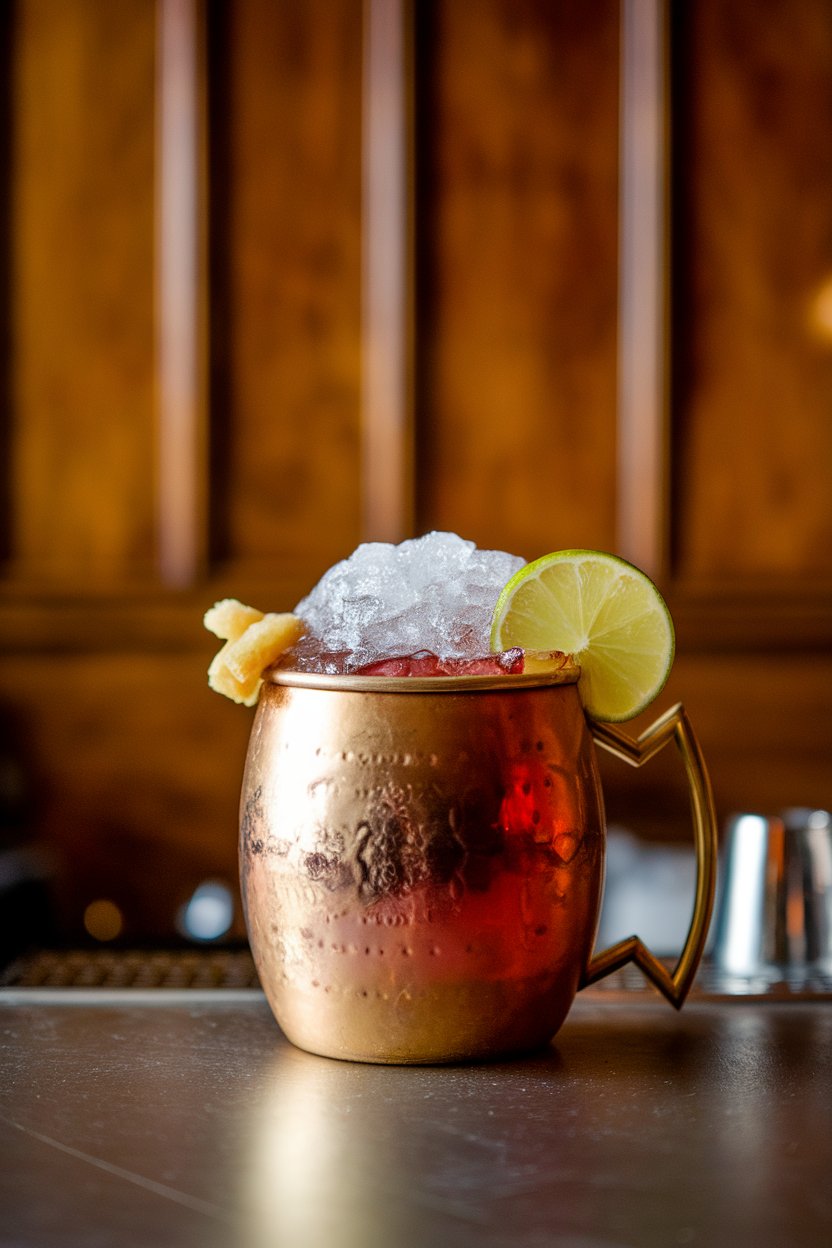 Indoor bar counter with a brass mug of Kentucky Mule, crushed ice dome, lime wheel and candied ginger garnish, no logos or text. Photo only.