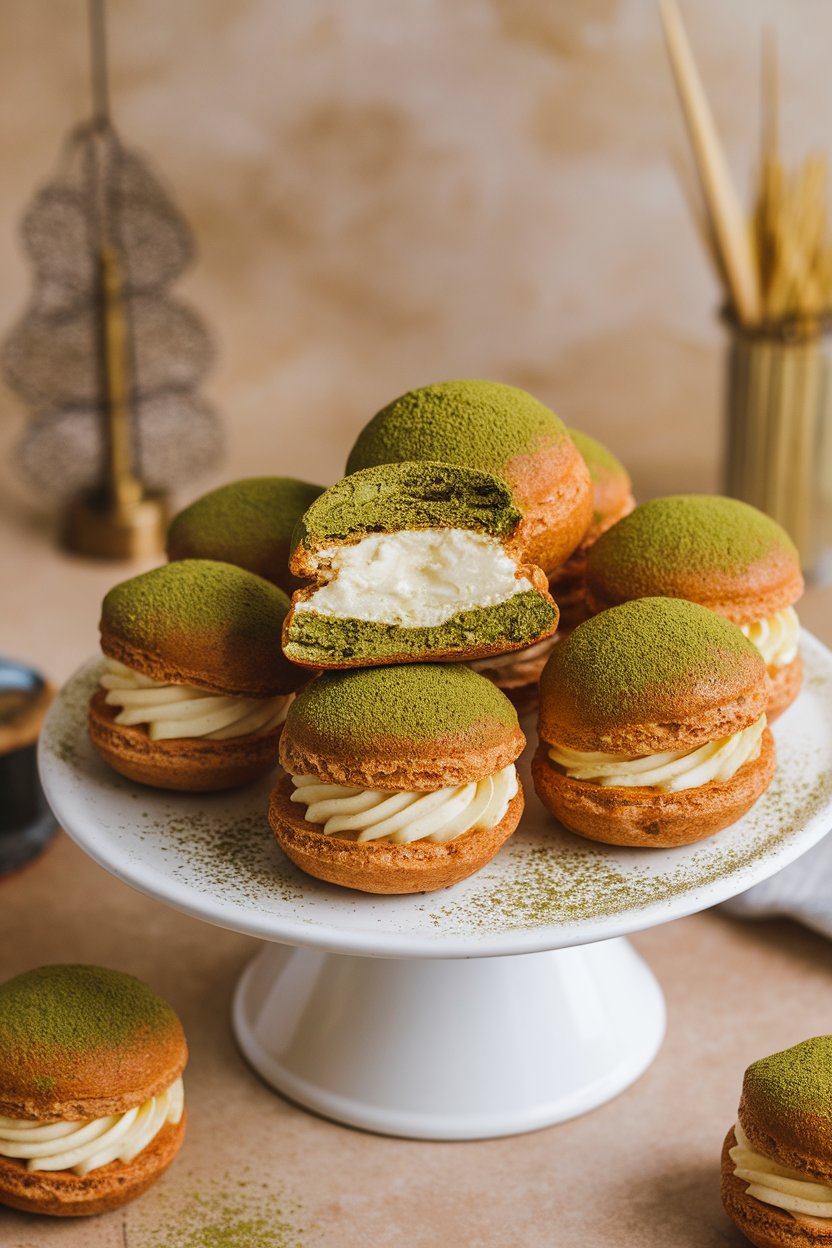 A white platter indoors holding choux puffs dusted with matcha powder and filled with vanilla cream, one cut open to show filling. No text or logos.