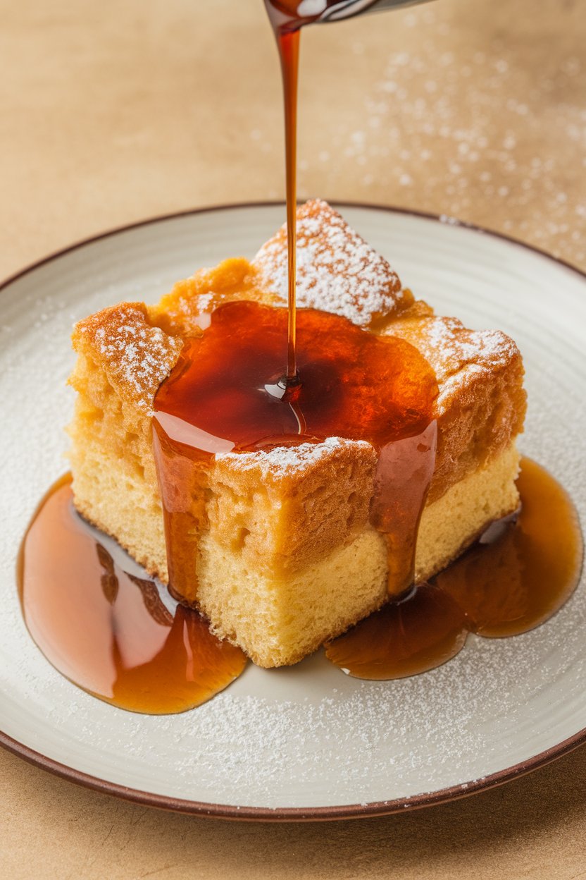 Indoor photo of a square of golden bread pudding drizzled with glossy rum sauce and a dusting of powdered sugar. No logos or text.