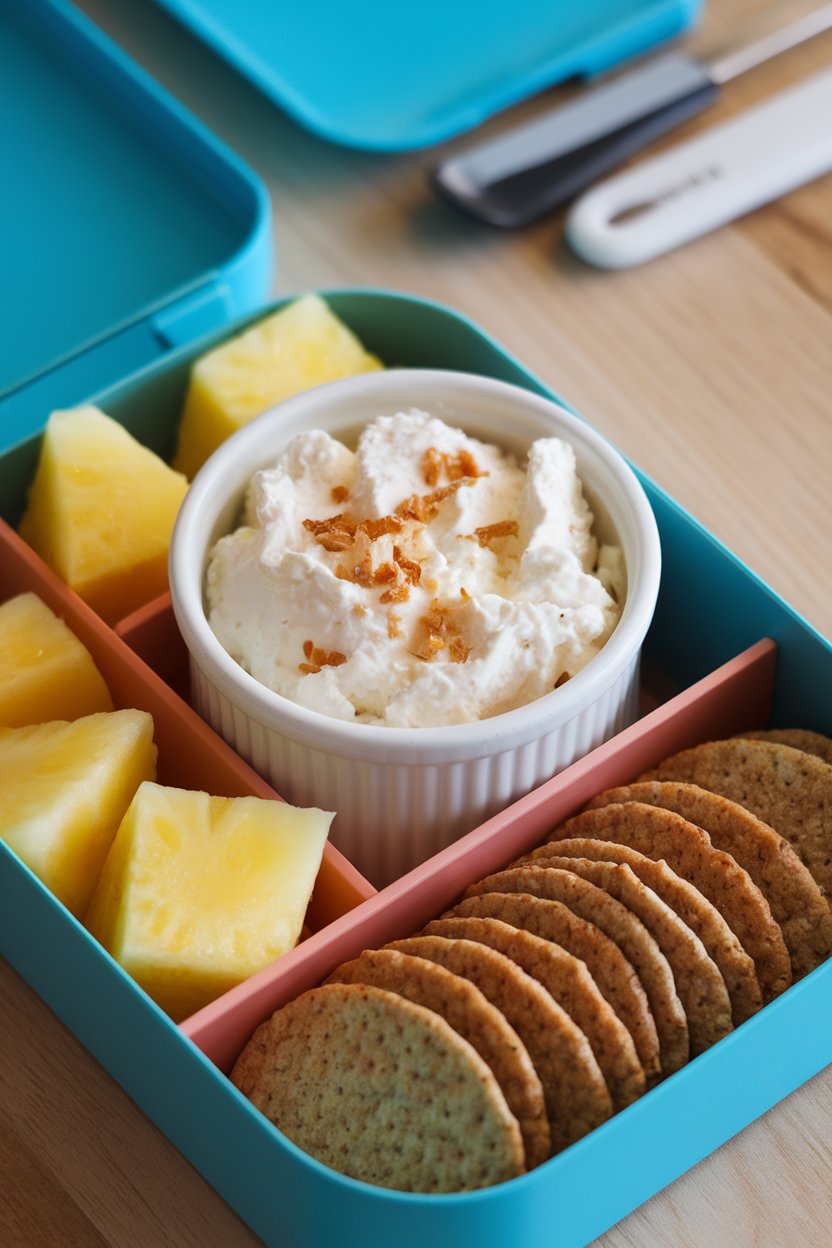Indoor photo of a bento box containing a ramekin of low-fat cottage cheese, pineapple chunks, and whole-grain crackers. No text or logos.