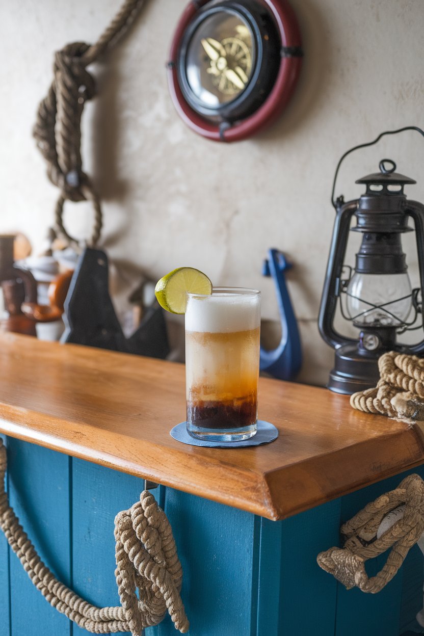 An indoor nautical-themed bar counter showing a highball of layered ginger beer and dark molasses syrup, lime wedge perched on rim. No text or logos. Photo.