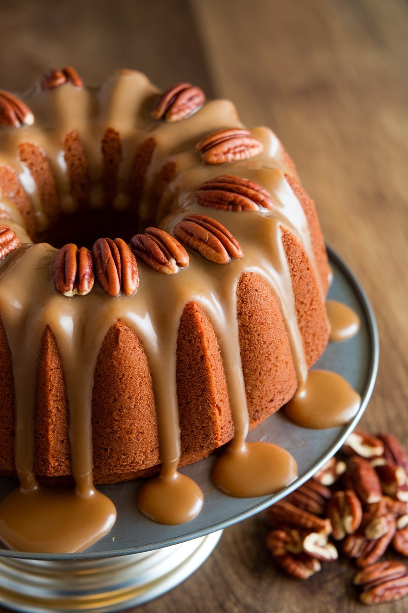 Indoor Bundt cake draped in pecan praline glaze pooling in ridges; no text or logos.